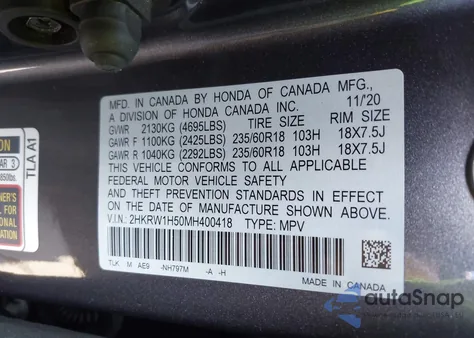 2021 Honda Cr-V 2Wd Ex from USA, damaged, VIN 2HKRW1H50MH400418